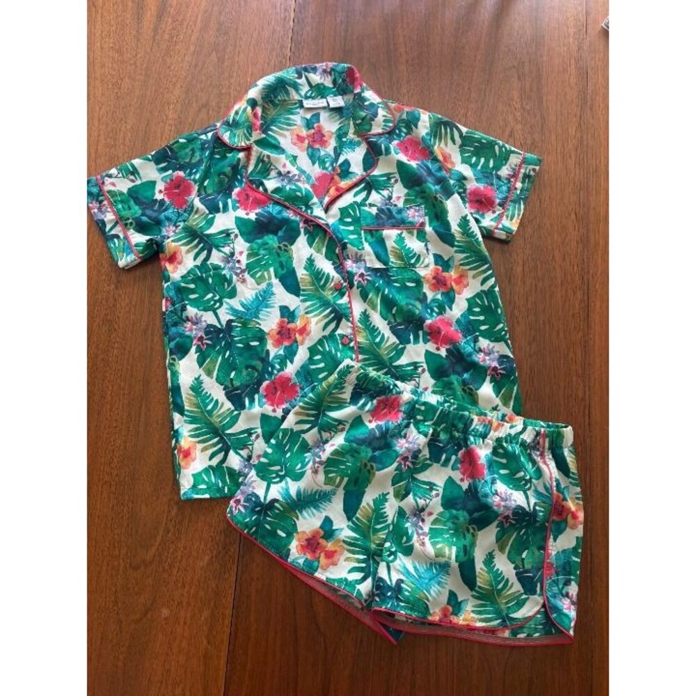 Tabitha Webb Sleepwear Tropical Pajama Set - Size Small - Pink Hibiscus Monstera